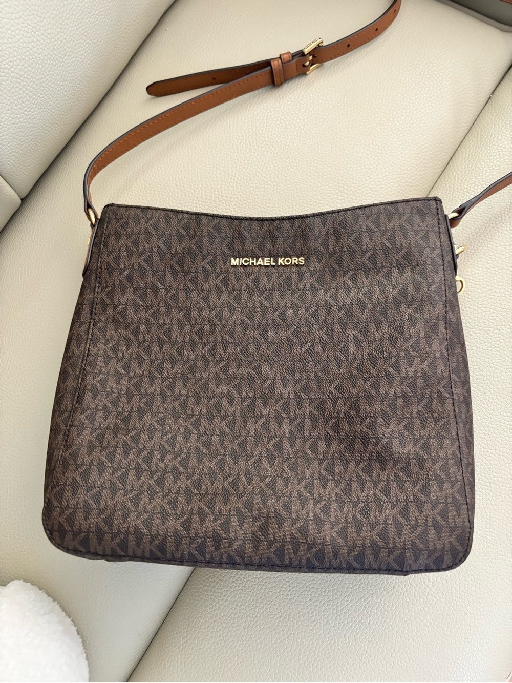 Michael Kors Brown Logo-Print Crossbody with Tan Strap
